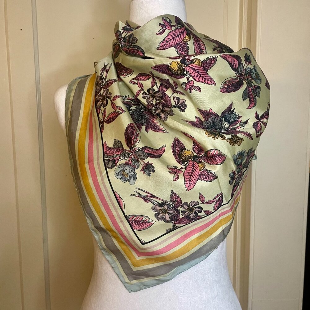 Rodier Pink Grey Yellow Floral Silk Scarf